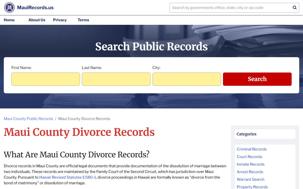 Maui County Second Circuit Family Court Hoapili Hale divorce records Kahului
