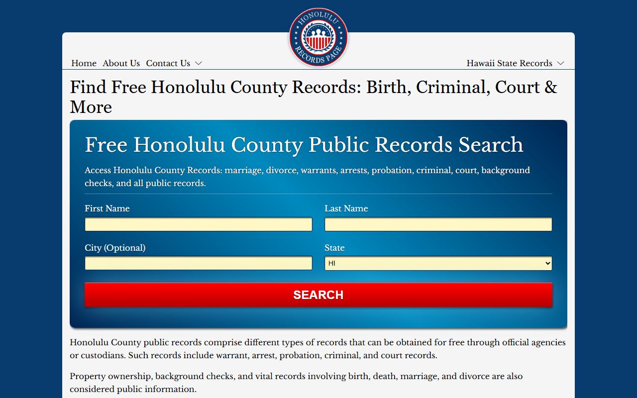 Honolulu County divorce records court records request page