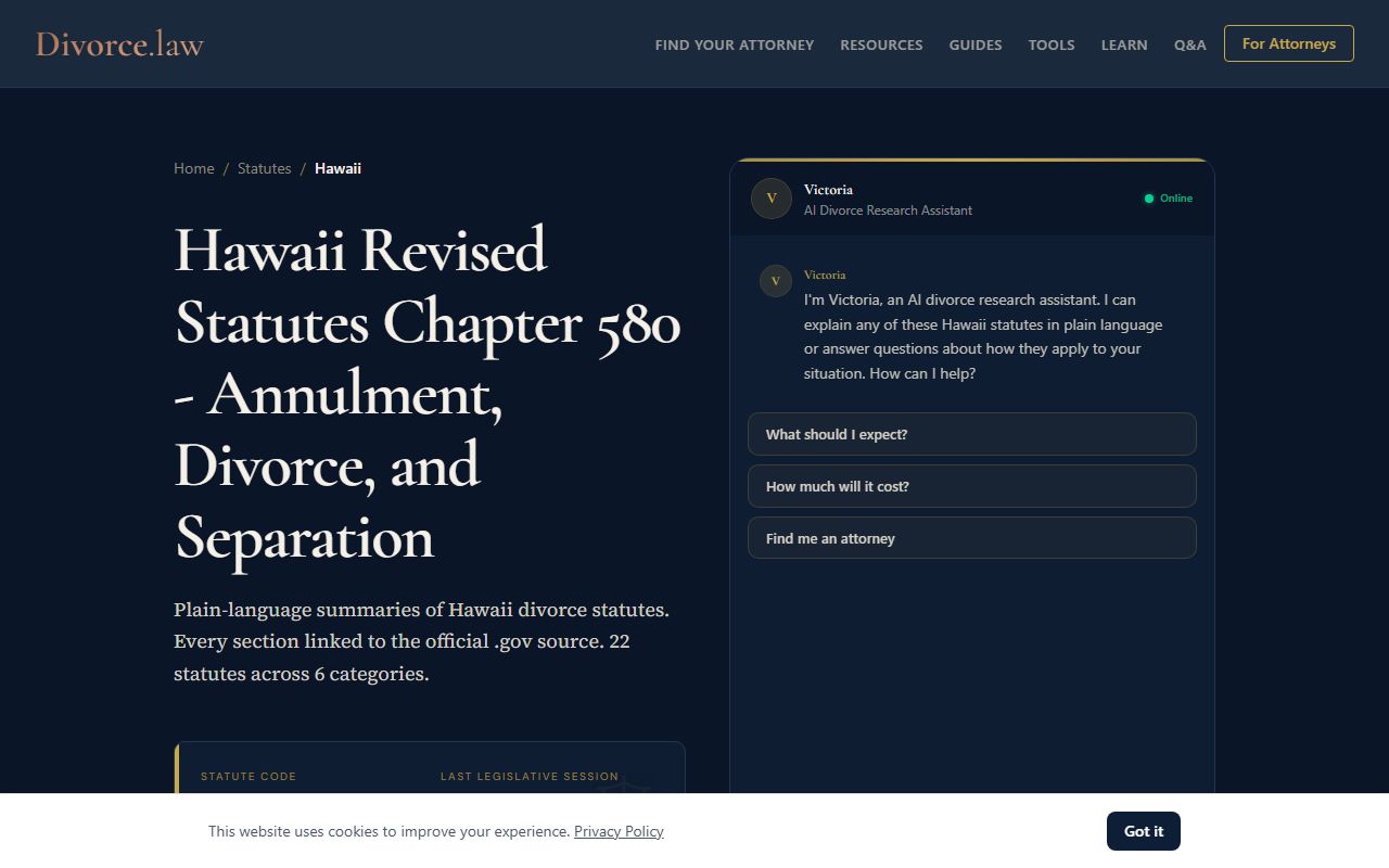 Hawaii Revised Statutes Chapter 580 divorce law and Hawaii divorce records legal reference