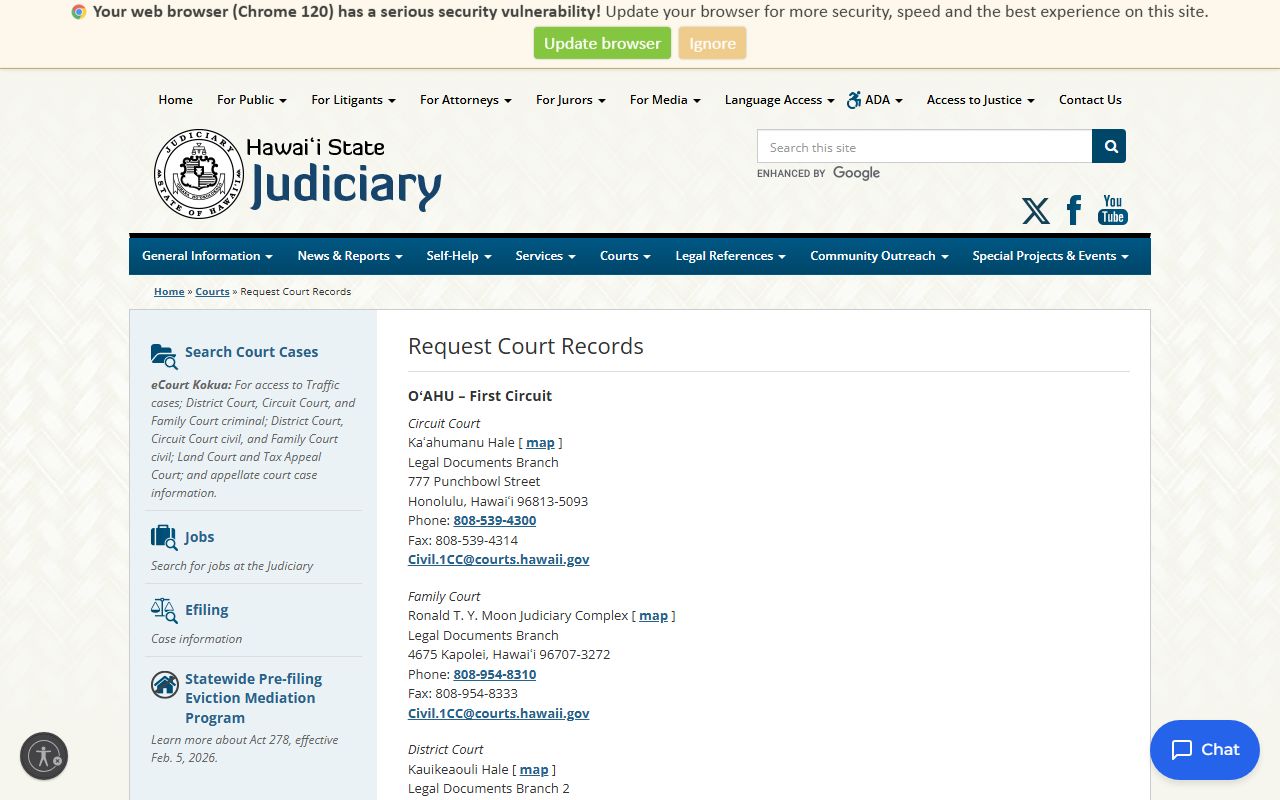 Hawaii State Judiciary court records request page for First Circuit Oahu divorce records