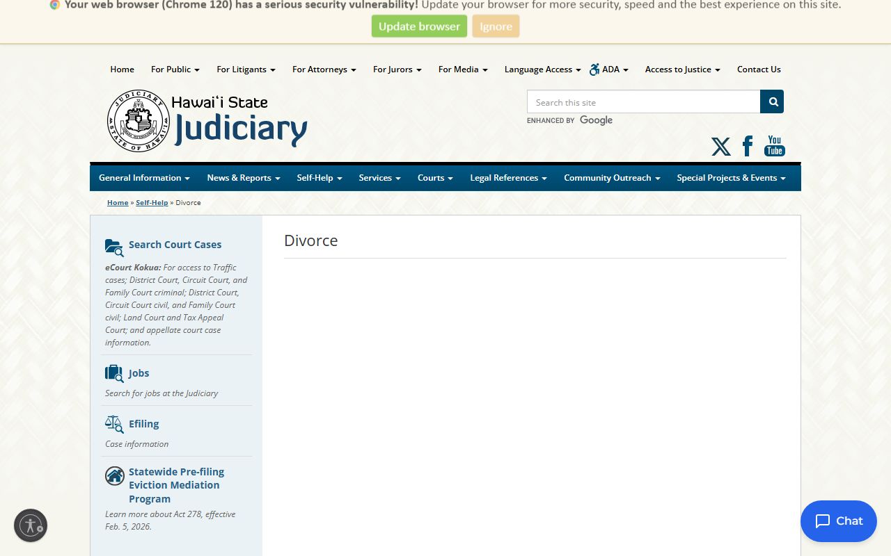 Hawaii State Judiciary divorce self-help page with filing instructions for Hawaii divorce cases