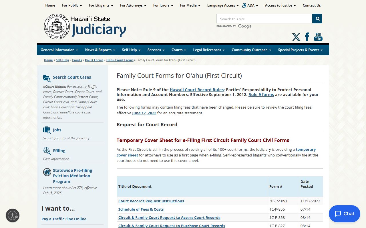 Hawaii First Circuit Oahu family court divorce forms page for filing Hawaii divorce records