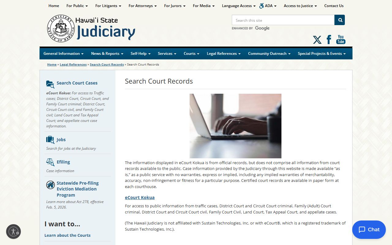 Hawaii State Judiciary eCourt Kokua portal for searching Hawaii divorce records