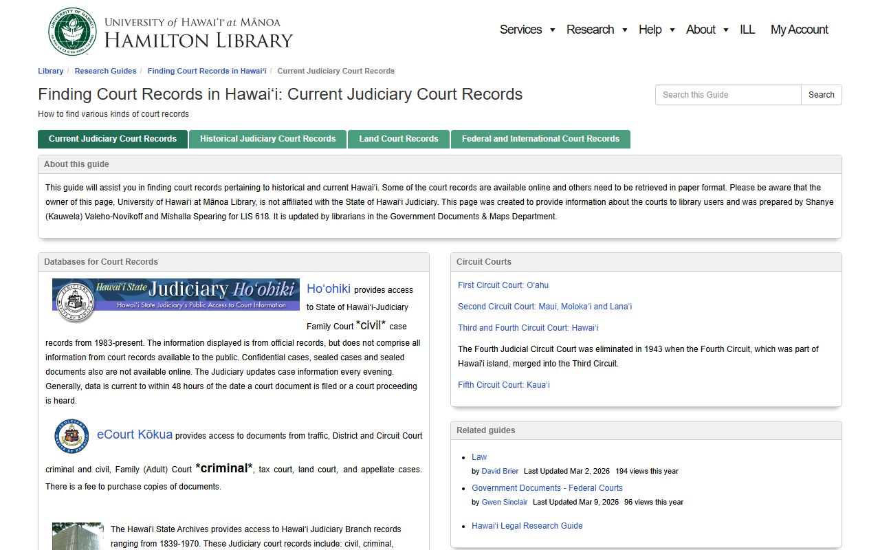 University of Hawaii library guide to Hawaii court records including divorce records and filings